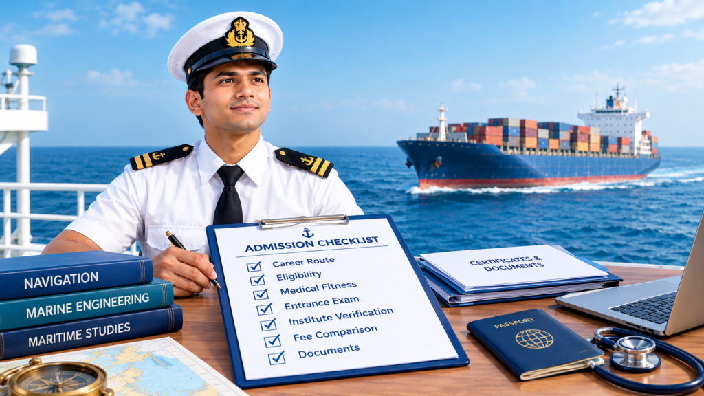 Maritime officer reviewing an admission checklist with training books, passport, and container ship on the ocean