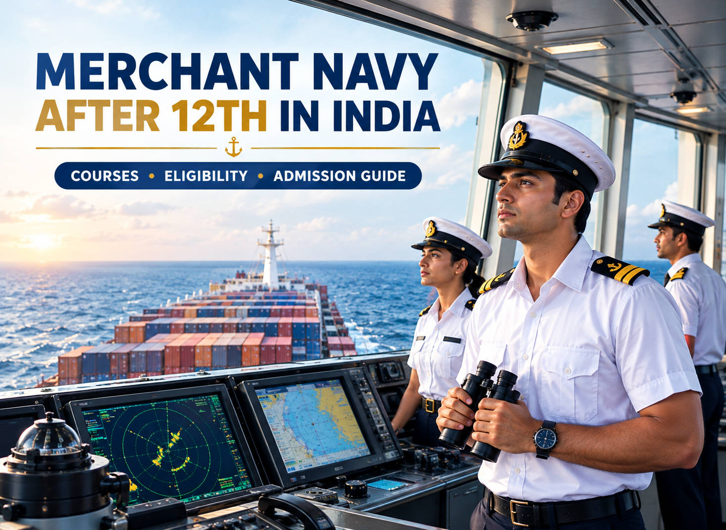 Merchant Navy officers aboard a commercial ship’s bridge with navigation equipment and cargo containers at sea, illustrating Merchant Navy courses, eligibility, and admission after 12th in India.