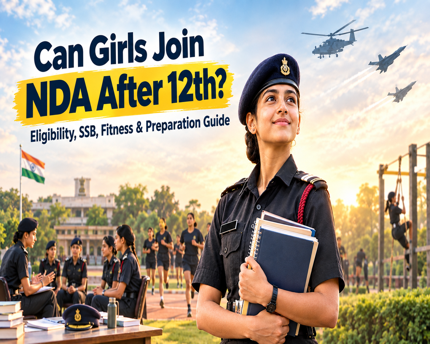 Young Indian female NDA aspirant in uniform holding study materials, with female cadets preparing for SSB discussions and physical fitness training in the background.